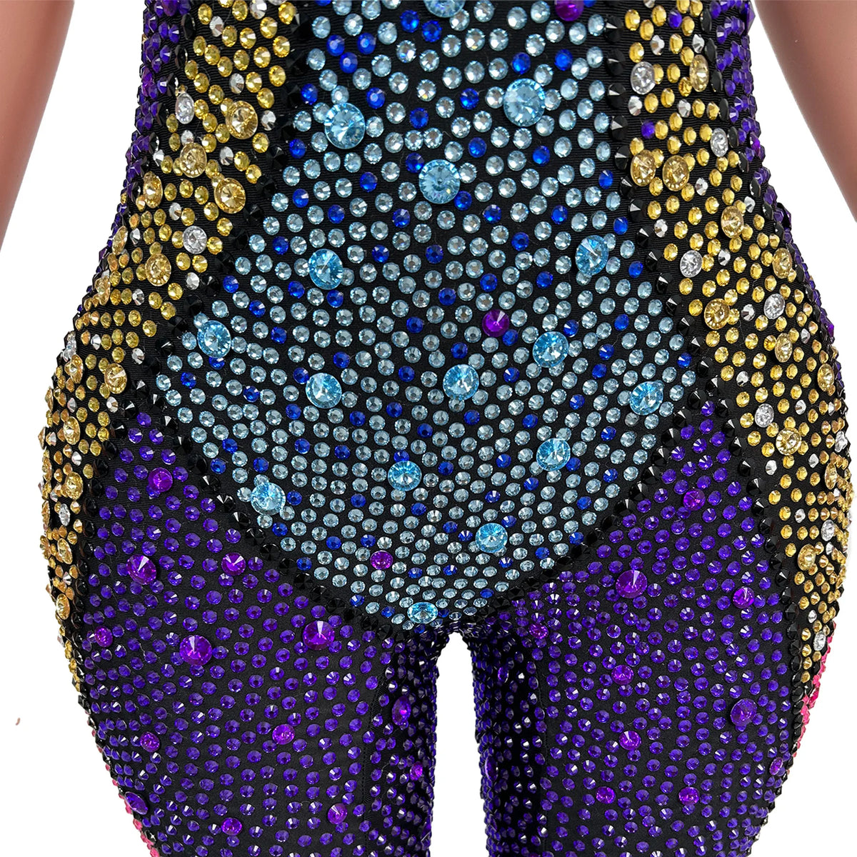 Women Sparkly Rhinestone Tight-Fitting Jumpsuit with Gloves Circus Stage Performance Costume