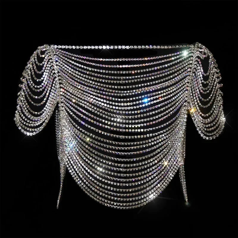 Backless Rhinestone Chain Fringe Crop Top