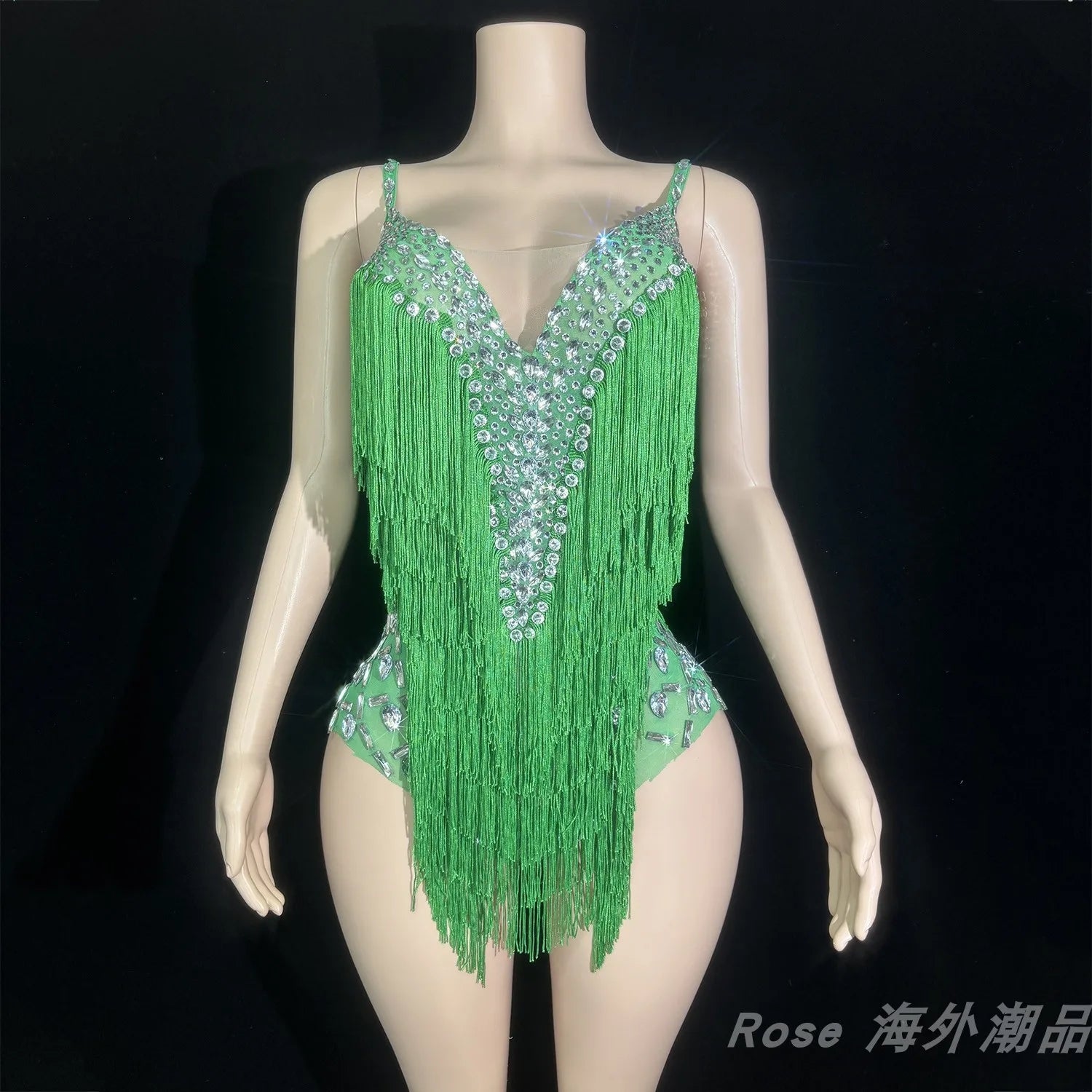 Custom Fringe Rhinestone Bodysuit & Stage Performance Dance Costume