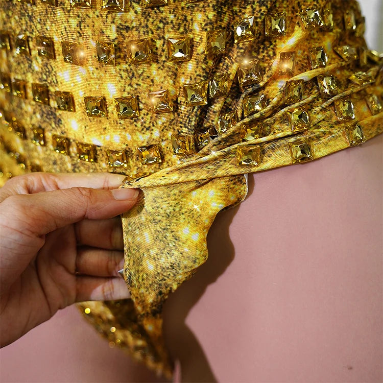 Sparkly Gold Rhinestone Bodysuit Sunburst Collar Spiked Glove Sleeves Costume