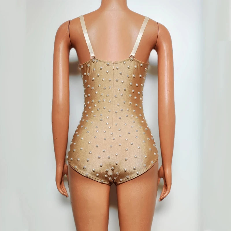 Pearl Encrusted Nude Illusion Bodysuit Sparkly Stage Dance Leotard Costume