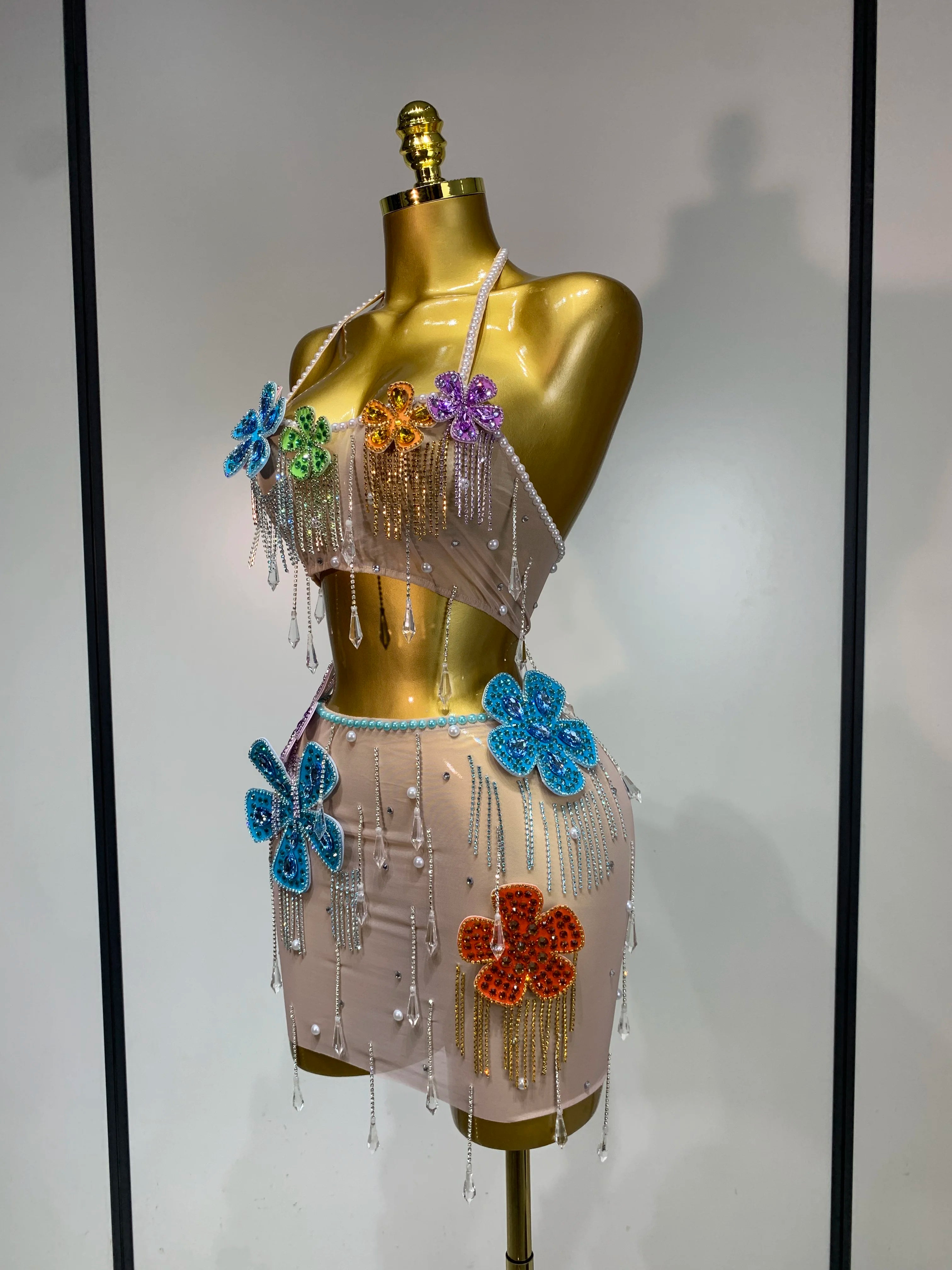 Colorful Rhinestone Pearl Sheer Dress & Two-Piece Mini Skirt Set Celebration Outfit