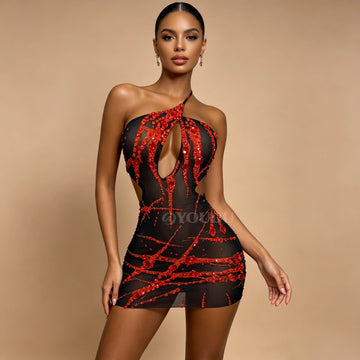 Crimson Flame Rhinestone Mesh Mini Dress Keyhole Cutout Backless Stage Costume