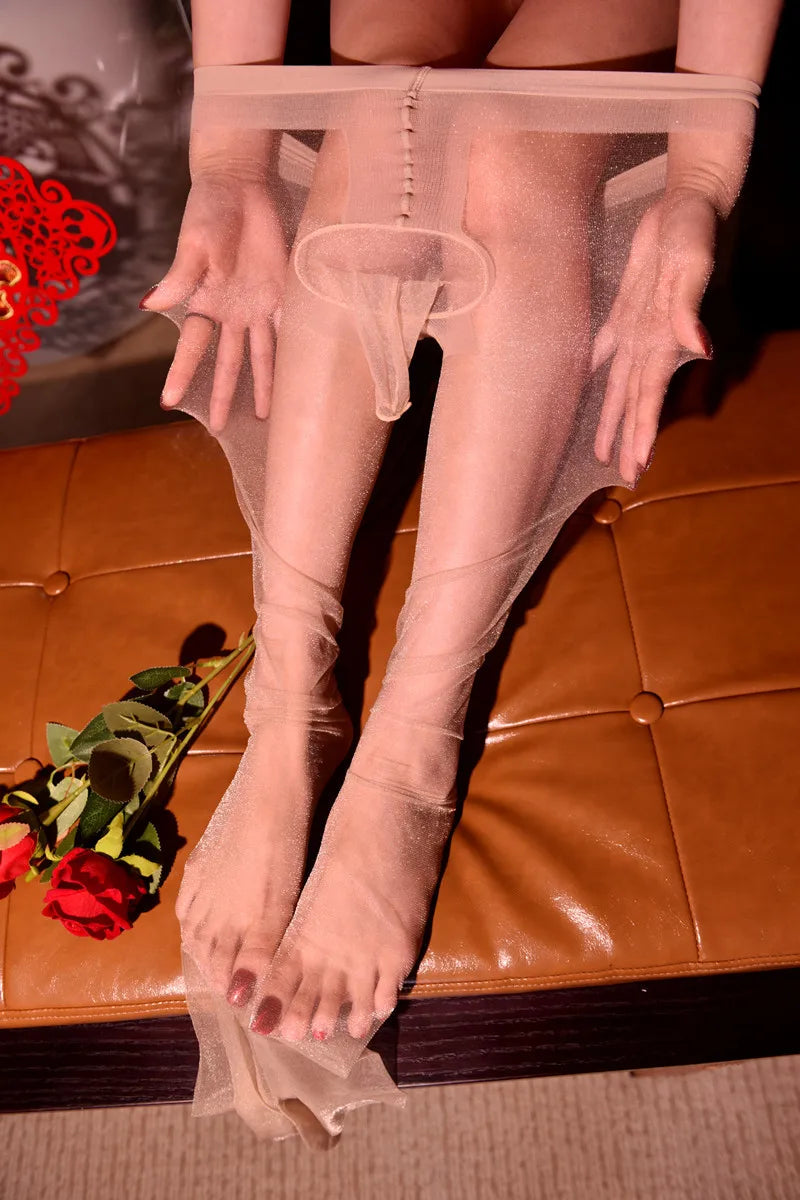 Sexy Men Oil Gloosy See Through U Convex Pouch Stockings Penis Open Close Sleeve Stockings Sheer Shiny Pantyhose Tight Plus Size