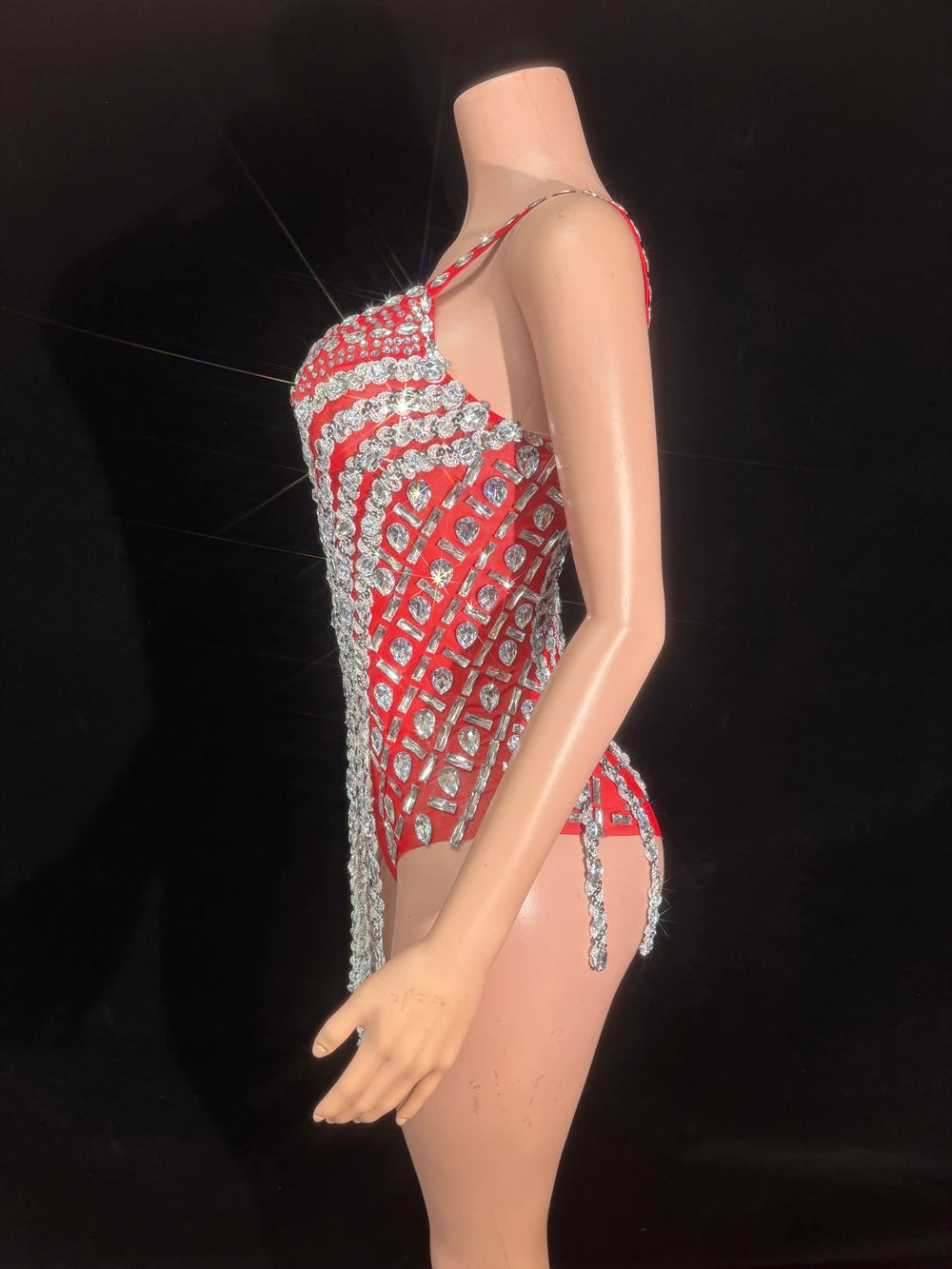 Sparkly Rhinestone Sequin Tassel Bodysuit Stage Performance Dance Leotard