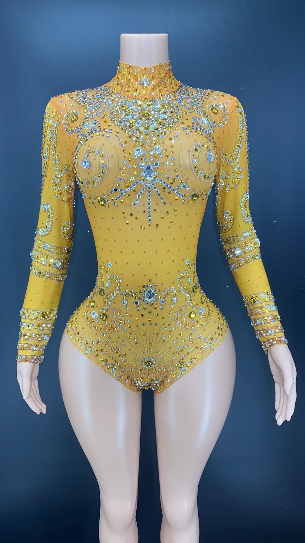 Sparkly Crystals Long-Sleeve Mesh Bodysuit Stage Performance Costume