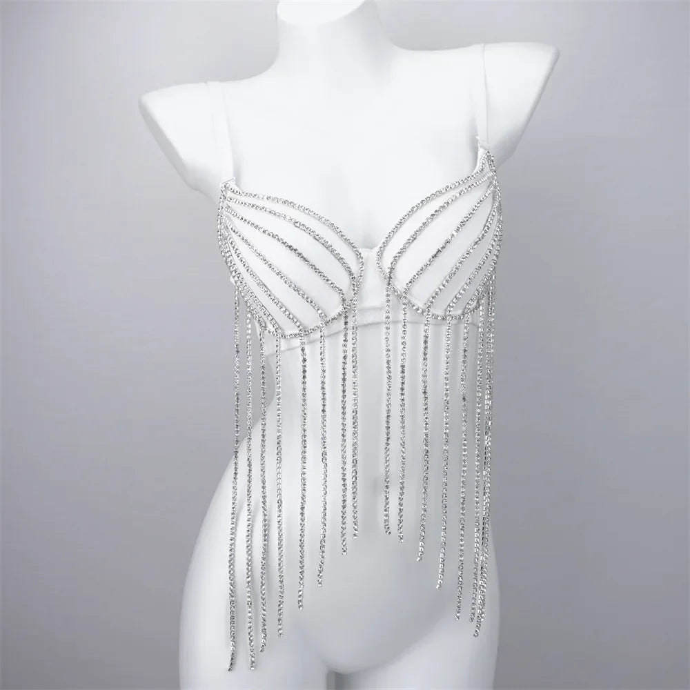 Tassel Fringe Push-Up Bra Corset Top Showgirl Stage Performance Bustier