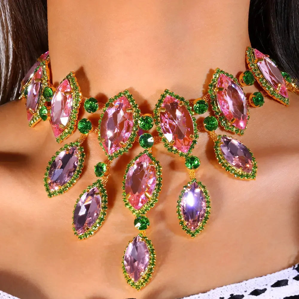 Pink & Green Geometric Rhinestone Choker