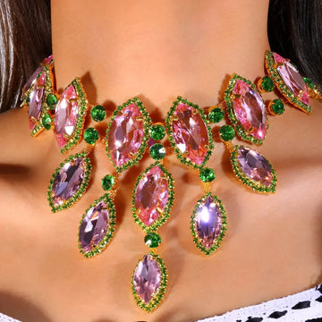 Pink & Green Geometric Rhinestone Choker