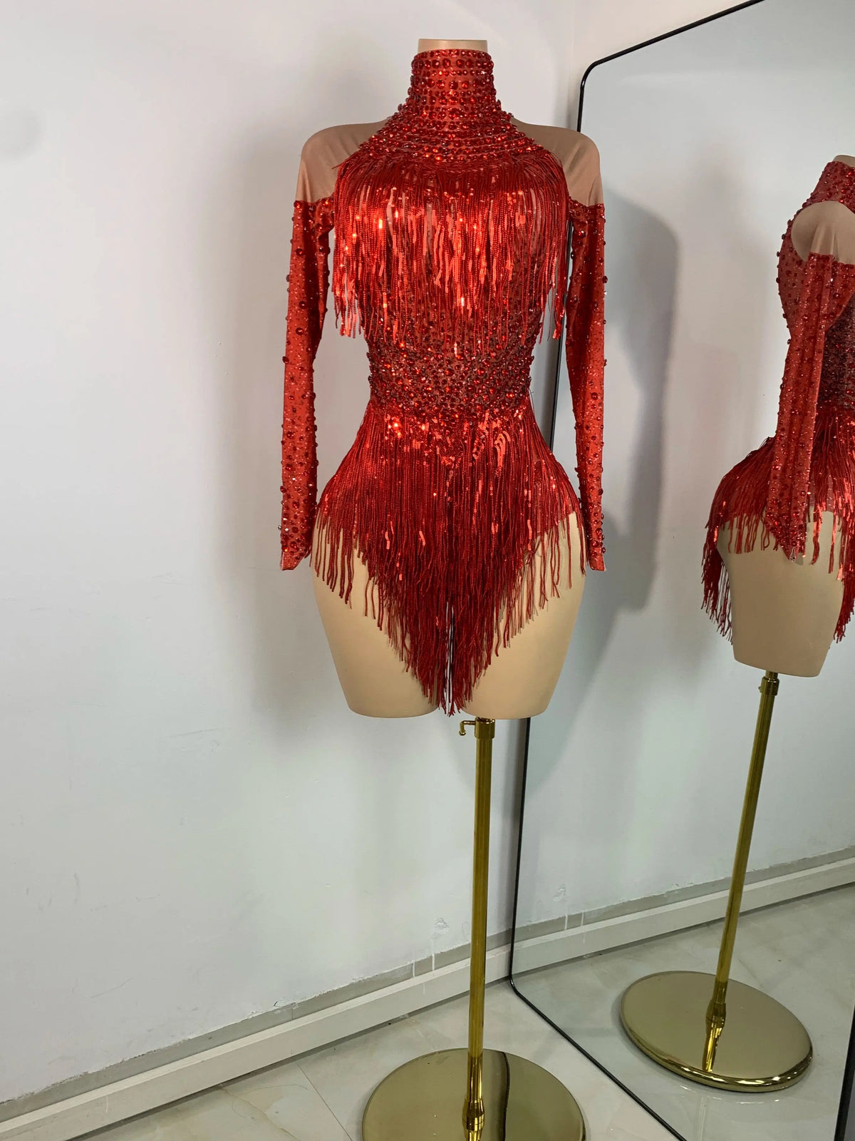 Red Rhinestones Skinny Bodysuit Women Sexy Long Sleeve Tassel Performance Singer Dance Costume Nightclub Celebrate Stage Wear