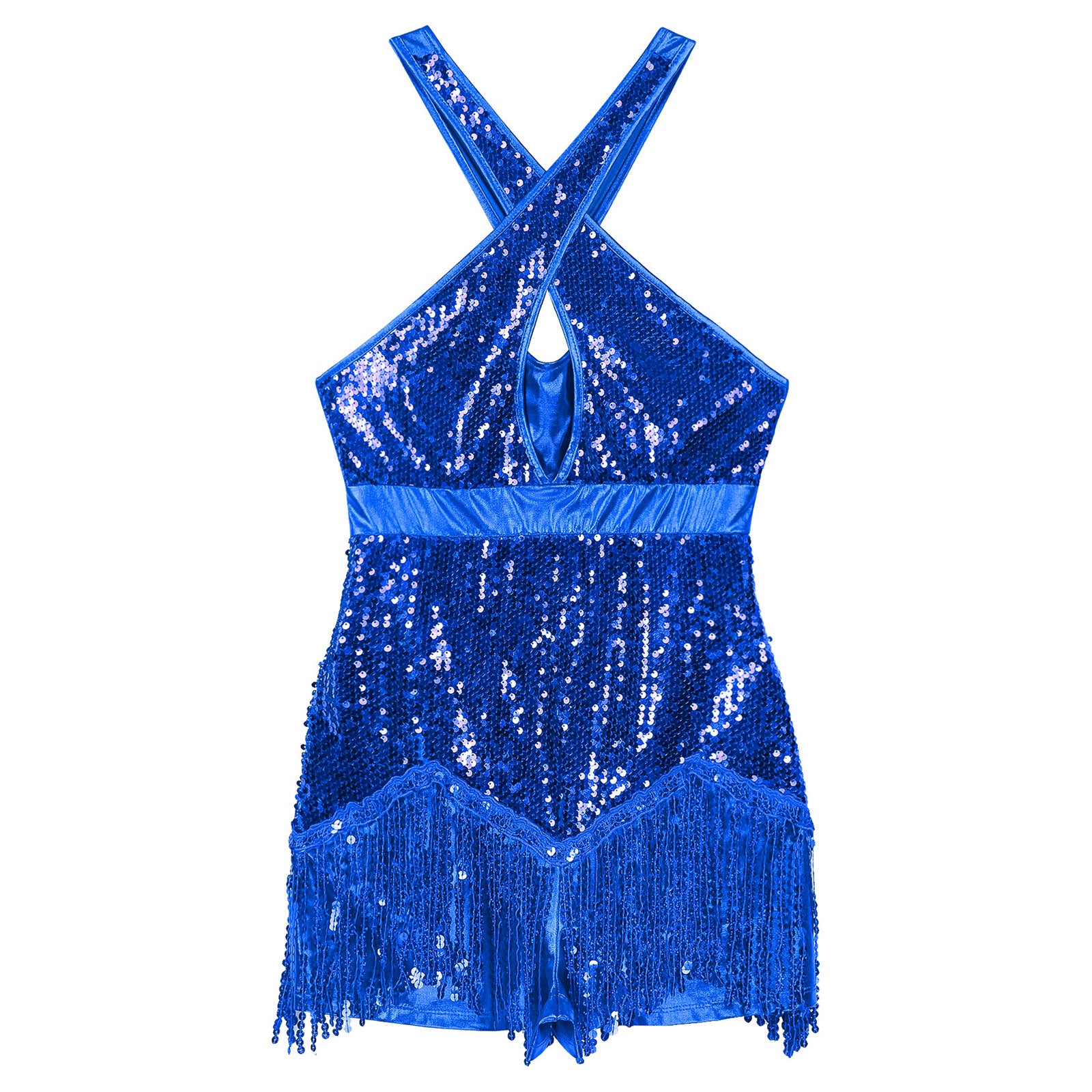 Sequined Fringe Cross-Front Latin Dance Leotard Costume Dress