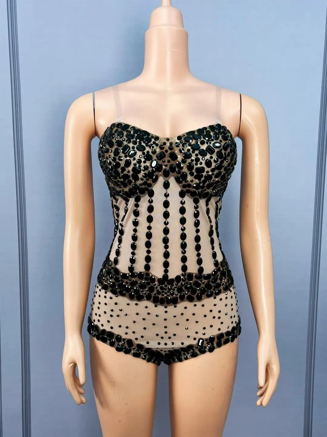Sparkly Rhinestone Black Bodycon Sheer Mesh Bodysuit Nightclub Stage Outfit