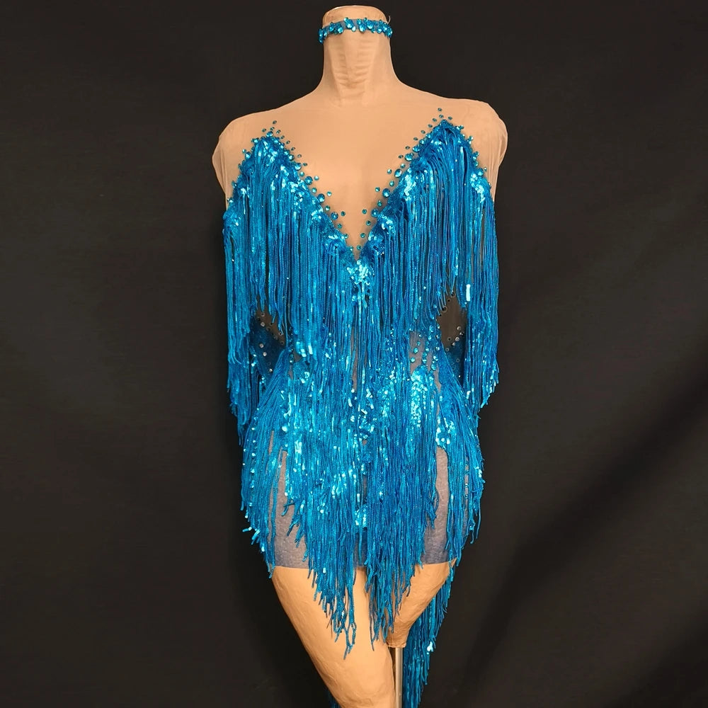 Sparkly Blue Rhinestone & Tassel Sheer Mesh Mini Dress Stage Costume