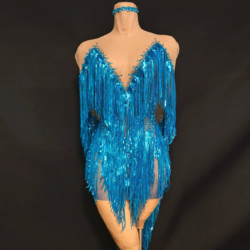 Sparkly Blue Rhinestone & Tassel Sheer Mesh Mini Dress Stage Costume