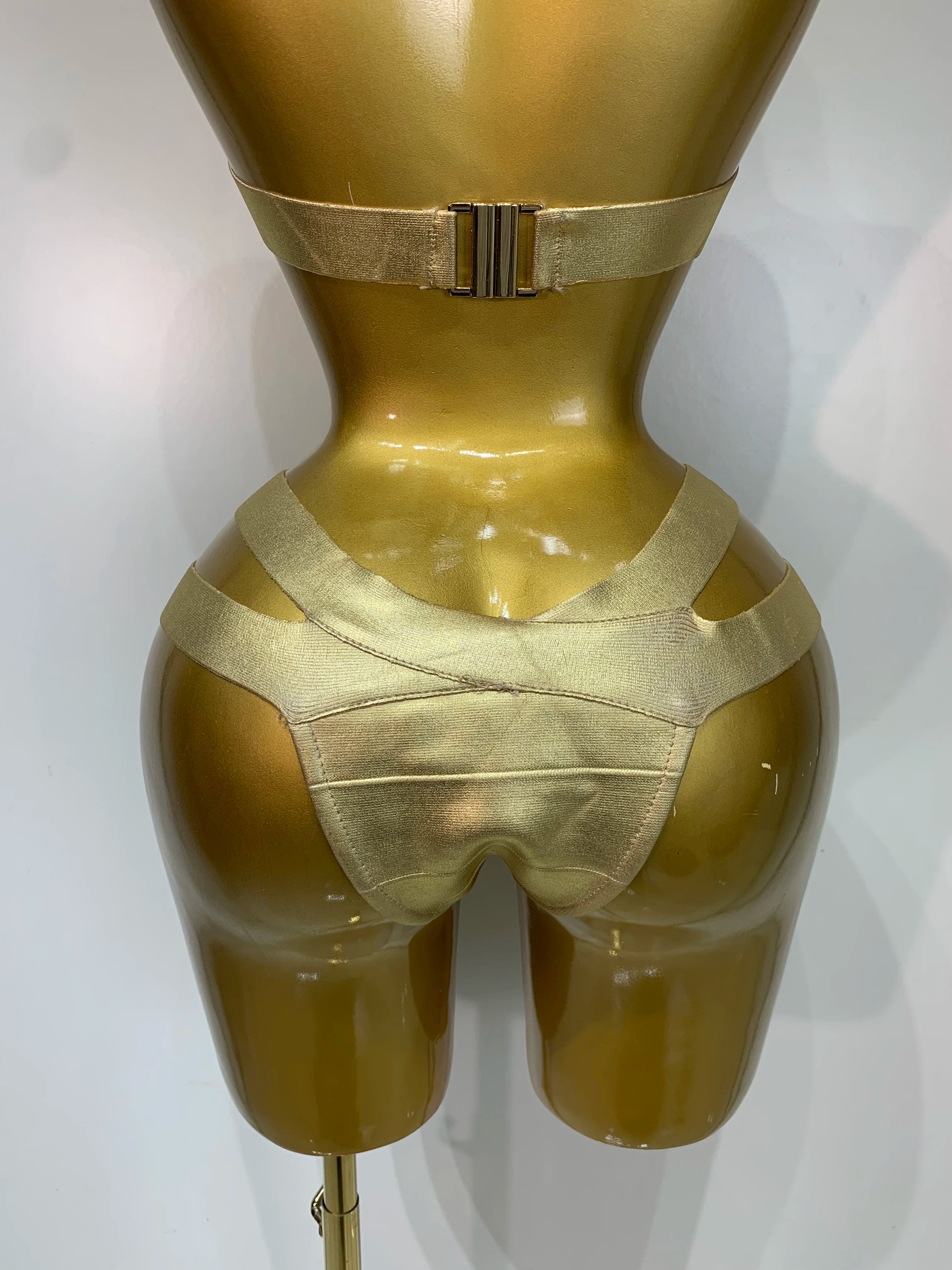 Gold Knitted Halter Bandage Two-Piece Set Stage Performance Costume Outfit