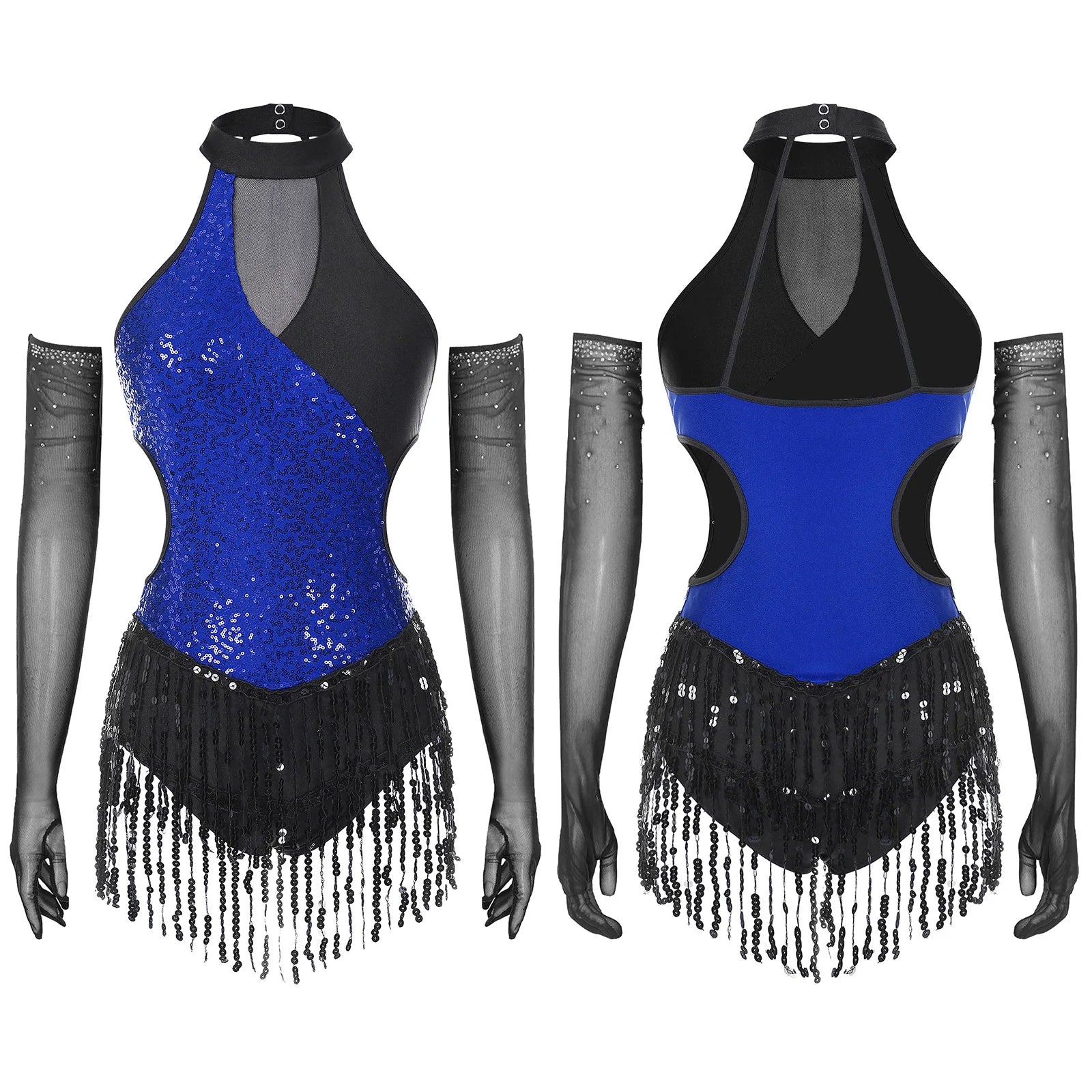 Sequined Fringe Latin Dance & Figure Skating Jumpsuit Leotard Set with Mesh Gloves
