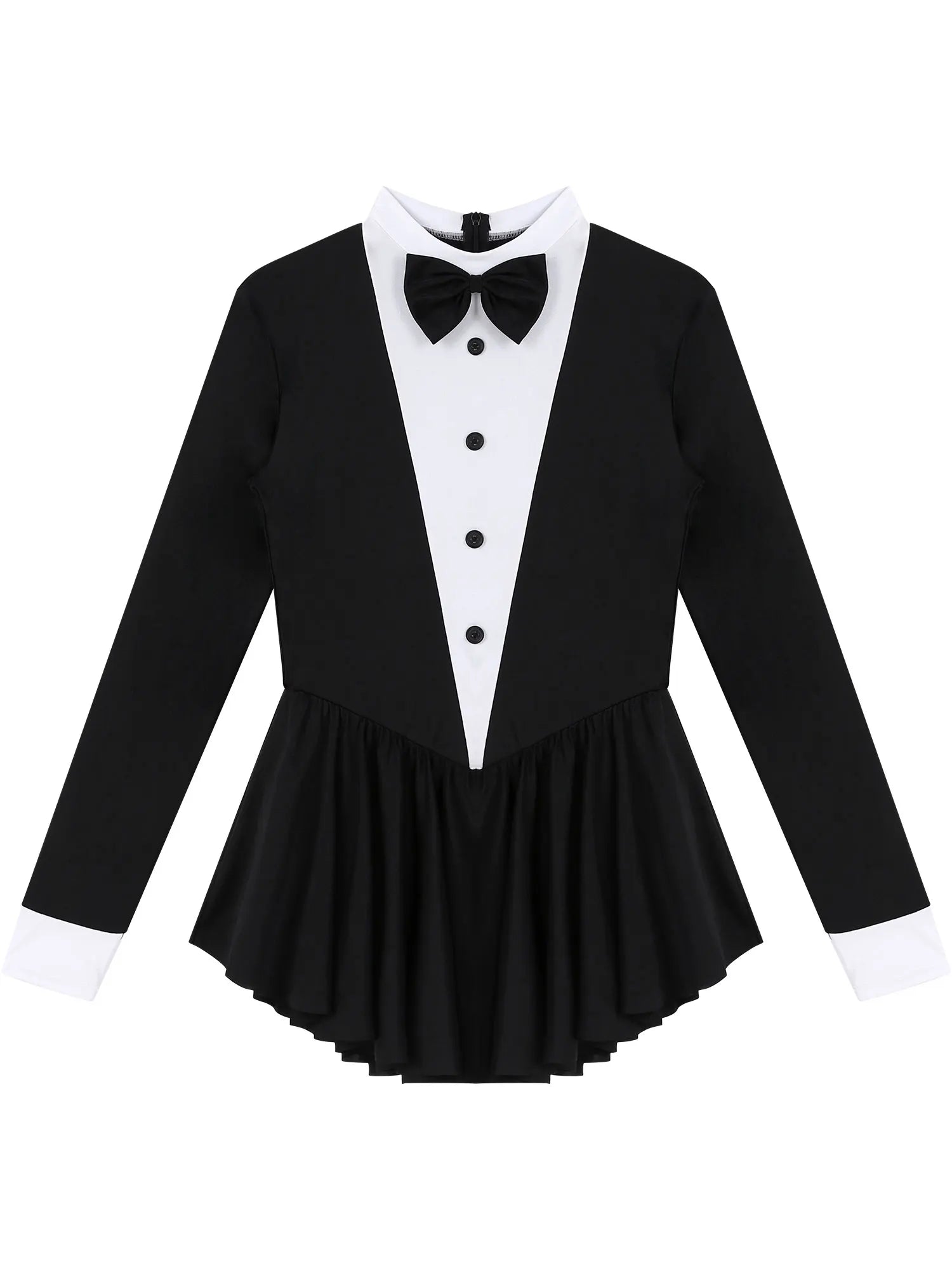 Tuxedo Bowknot Long Sleeve Ruffle Leotard Dress Magician Costume