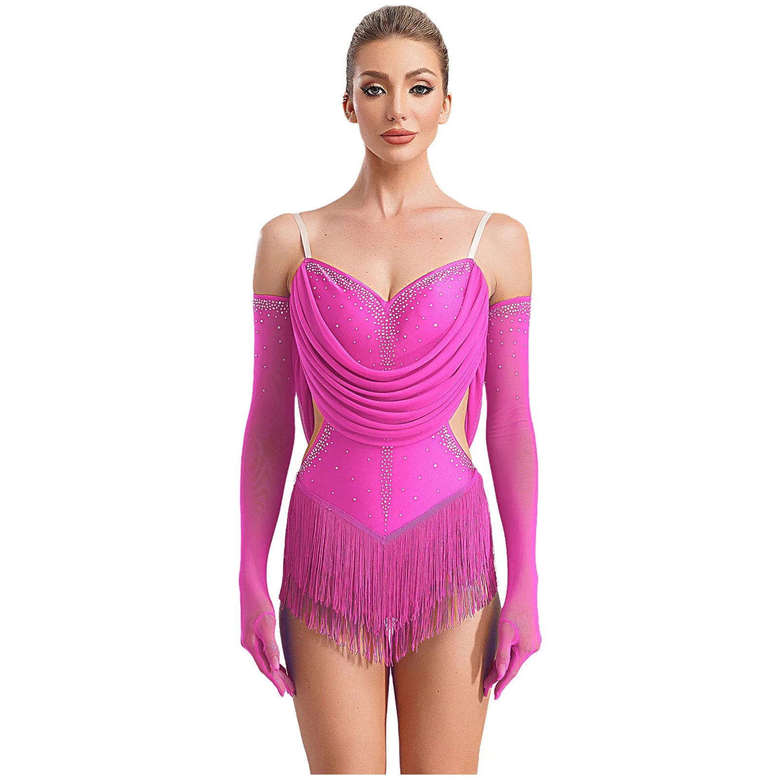 Sparkly Rhinestone & Tassel Fringe Dance Leotard with Gloves Two-Piece Stage Costume