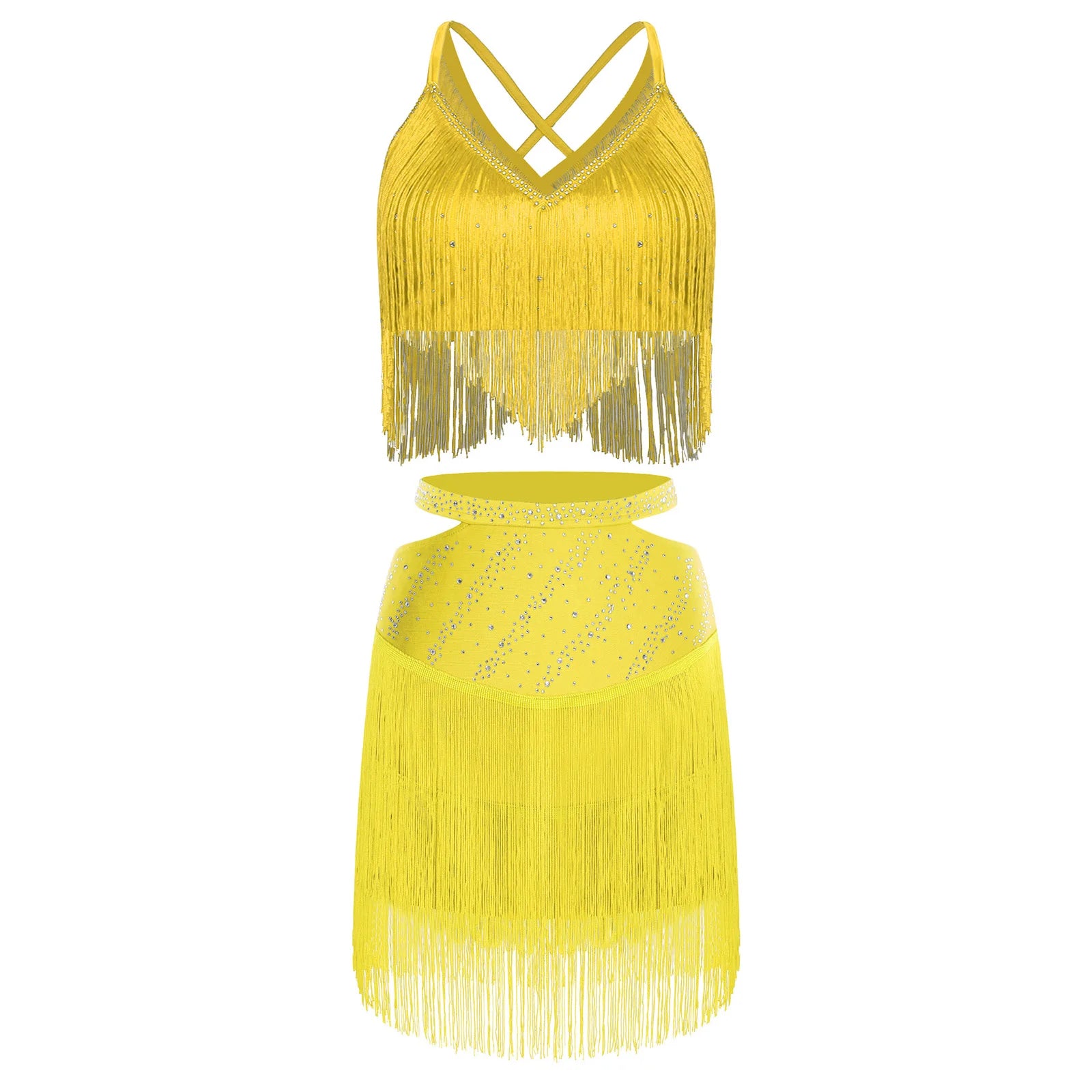 Sparkly Rhinestone & Tassel Fringe Two-Piece Latin Tango Dance Outfit Set