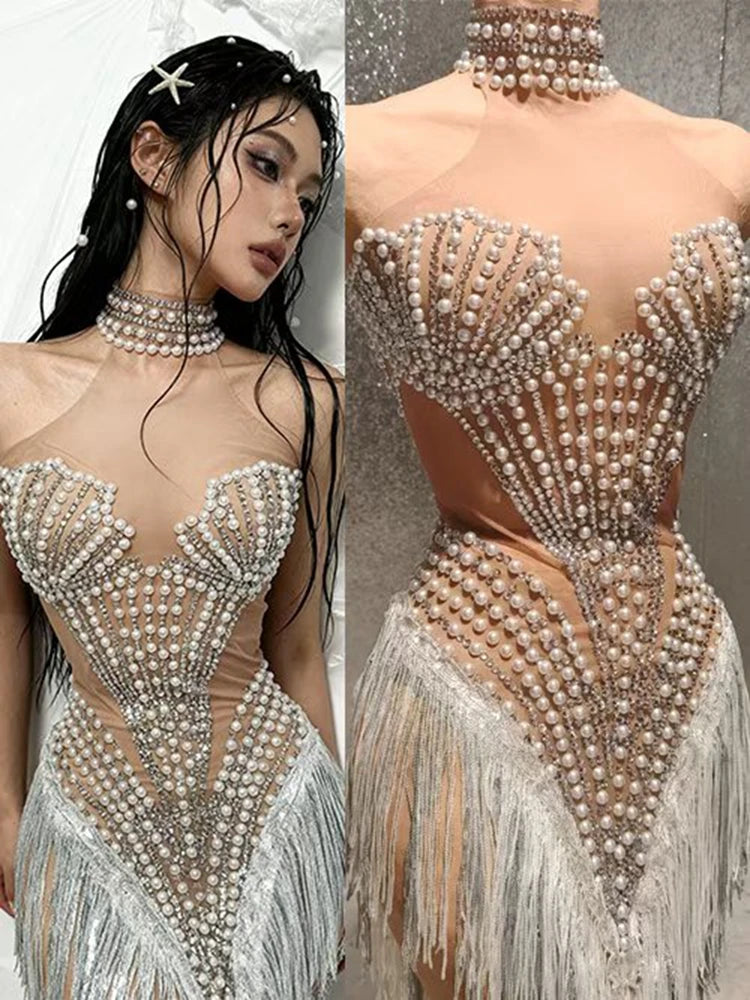 Sparkly Rhinestone, Pearl & Tassel Transparent Performance Dress Stage Costume