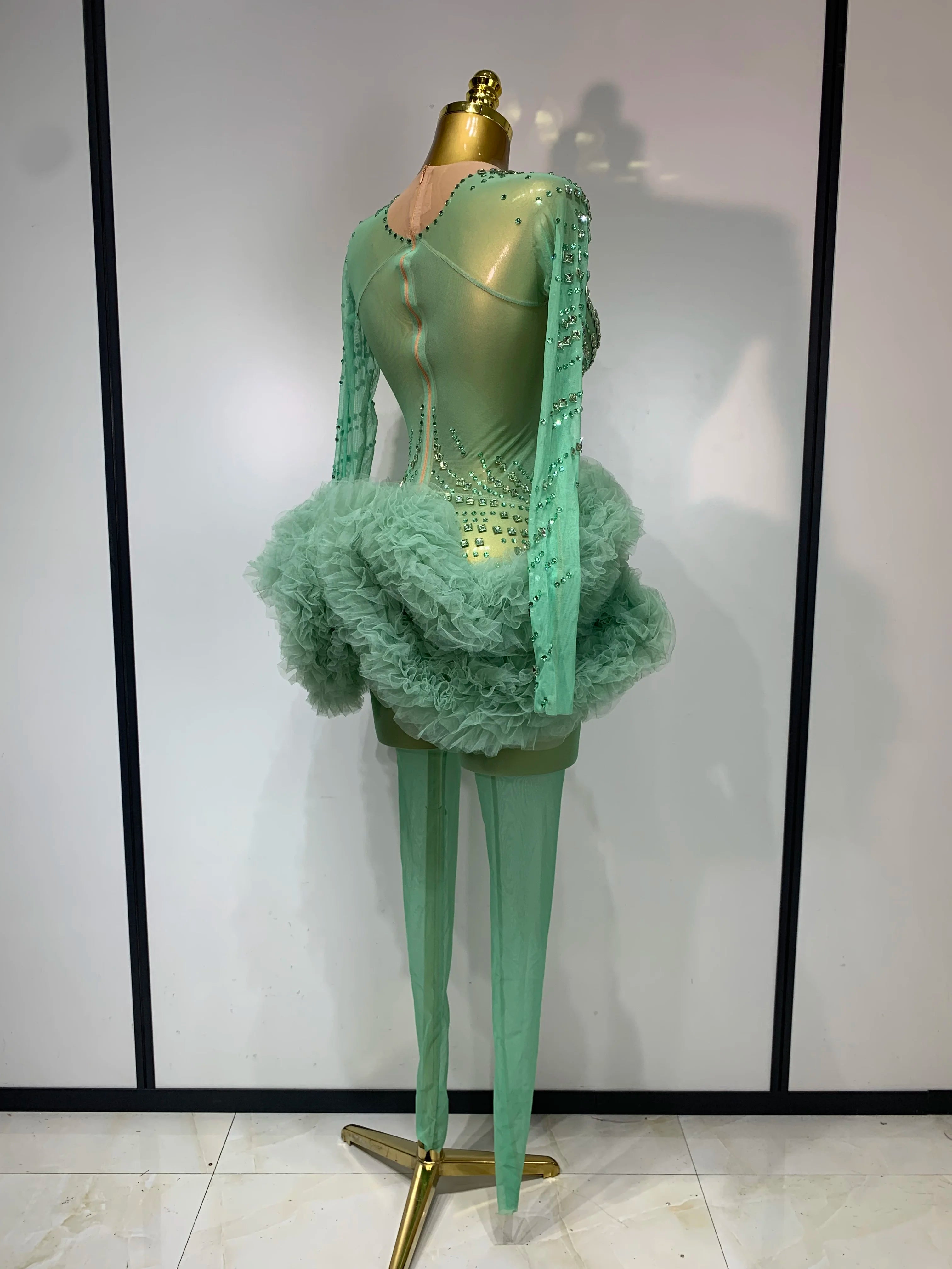 Luxury Green Diamonds Mesh See-Through Long Sleeve Jumpsuit Stage Performance Costume