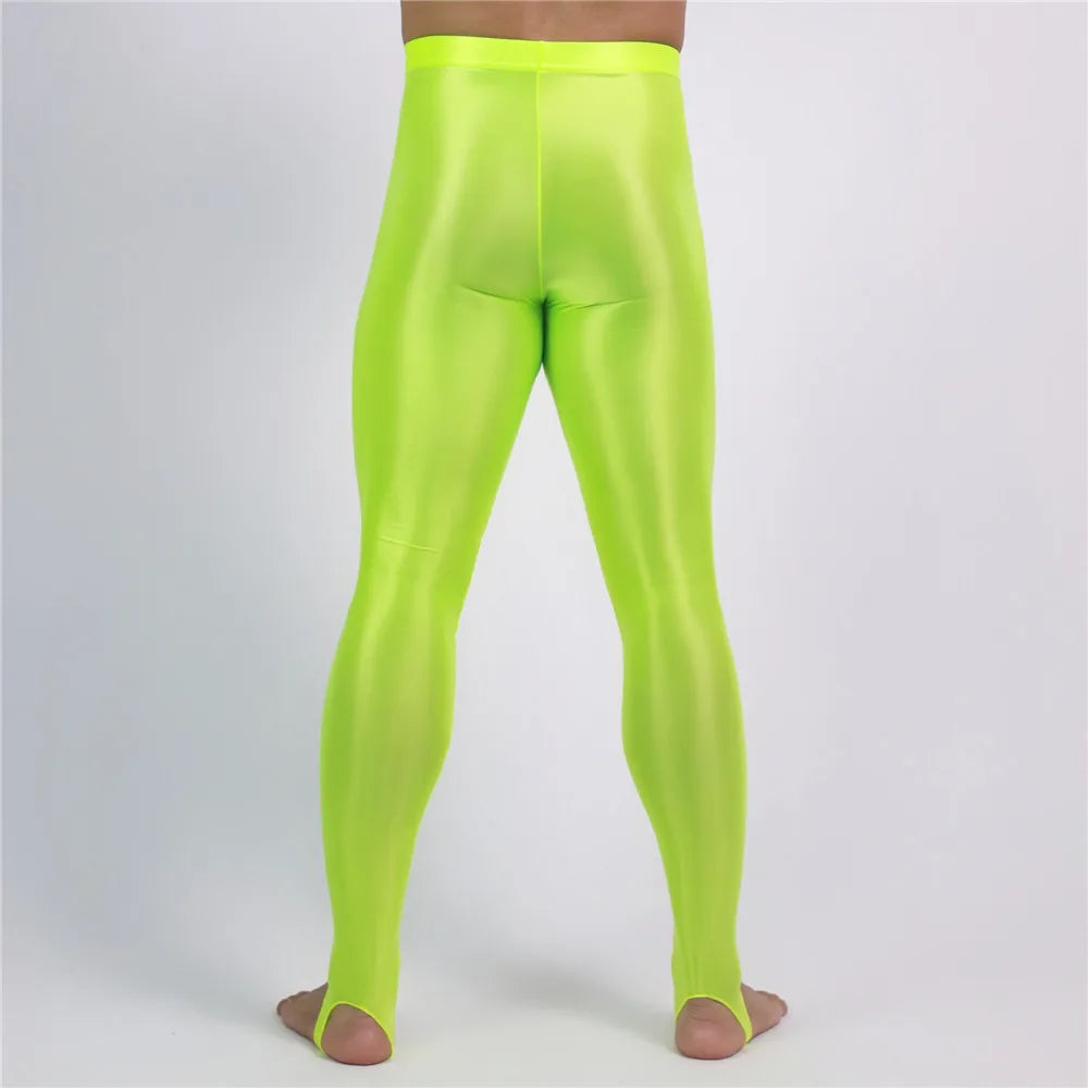 Men's Slim Tights Pencil Pants Stain Smooth  Oil Glossy Shiny Elastic Yoga Leggings Sheer See Through Full Pants Plus Size