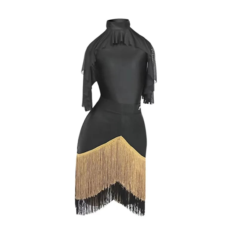 Black High-Neck Short-Sleeve Bodysuit & Gold Fringe Skirt Latin Dance Costume Set