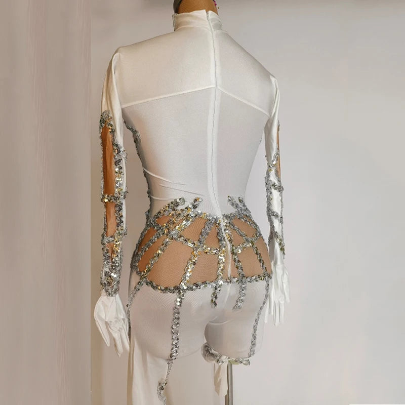 White Sequin Stretch Performance Jumpsuit