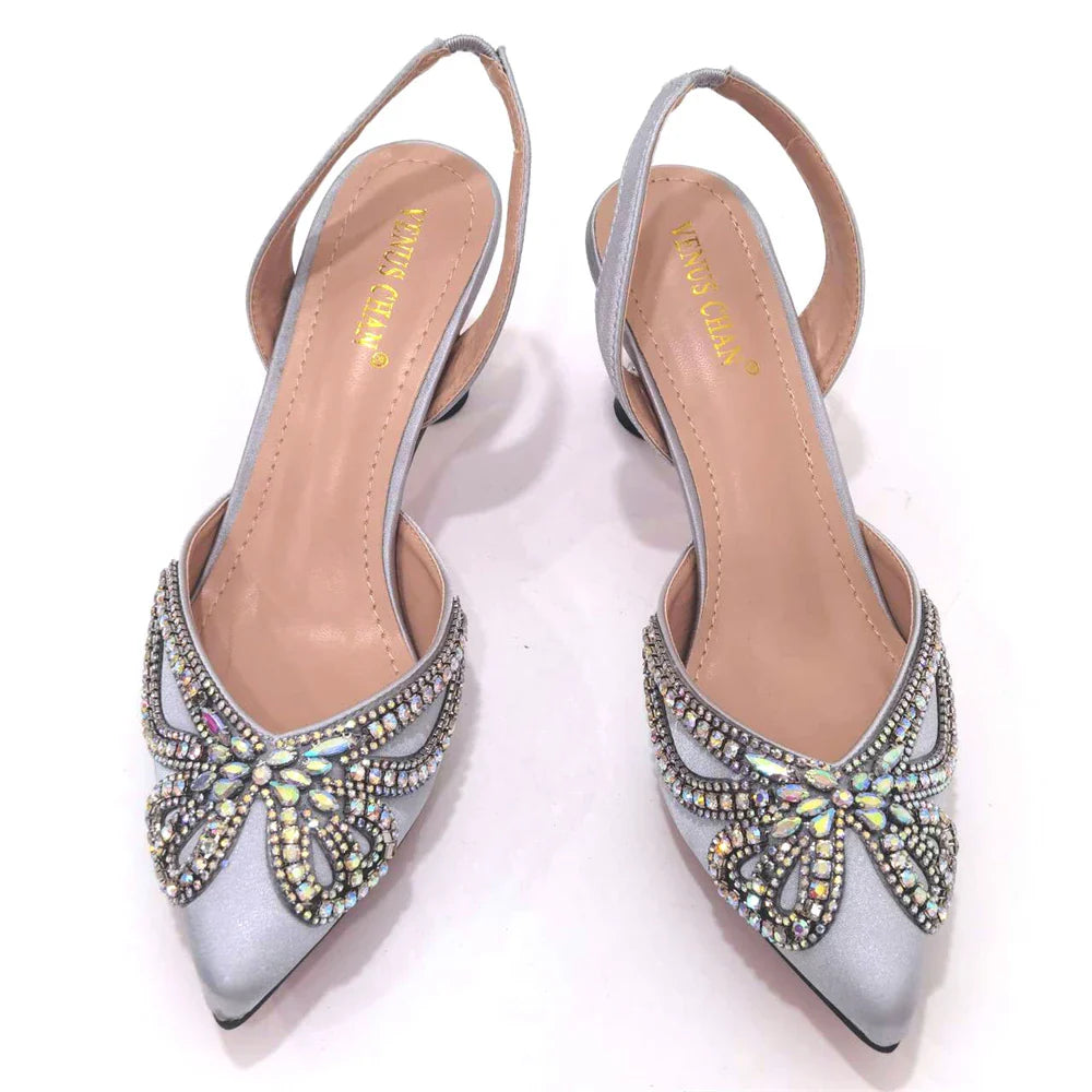 Elegant Rhinestone Pointed-Toe Pumps with Matching Bag Set