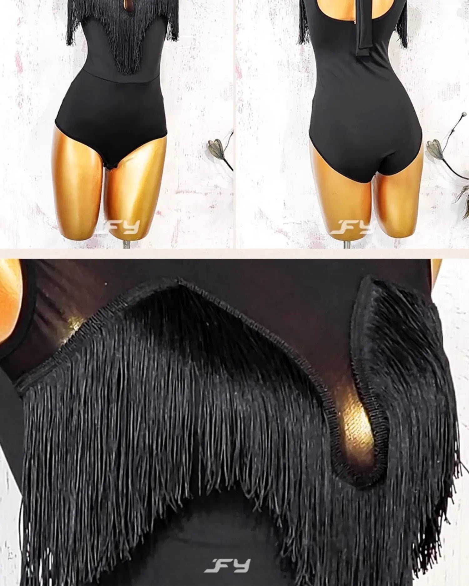 Black Open-Back Leotard & Leopard Print Fringe Skirt Latin Dance Costume Set