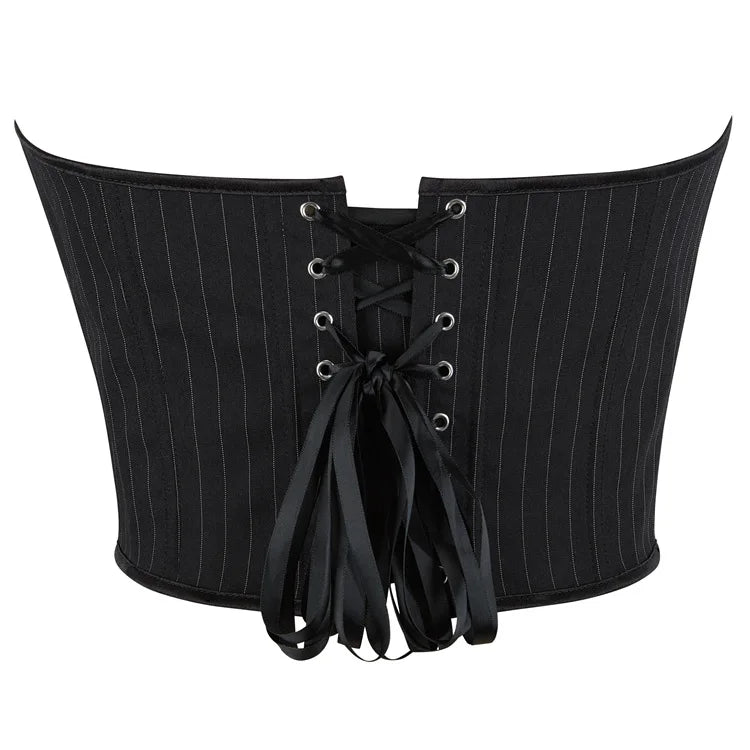 Black Striped Overbust Corset Top Zipper Front Lace-Up Bustier Body Shaper