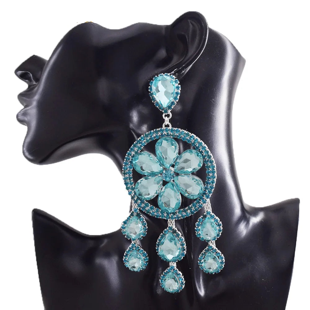 Sparkly 5.1" Glass Crystal Tassel Drop Earrings Drag Queen Stage Jewelry