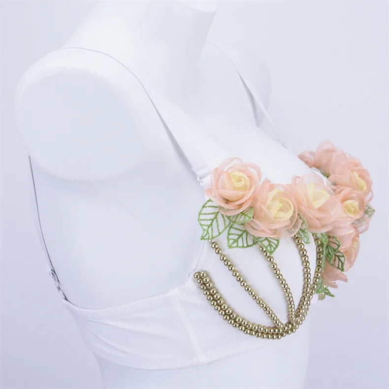 Organza Floral & Pearl Bustier Bra Top | Kawaii Stage & Nightclub Bralette