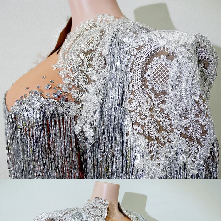 Rhinestone Tassel Fringe Jacket And Dress Costume Set