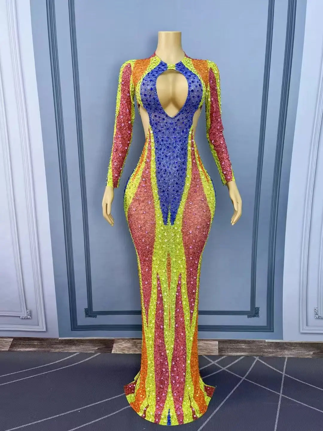 Women's Colorful Rhinestone Hollow-Out Mesh Long Dress | Twinkling Body-Con Gown for Red Carpet & Party
