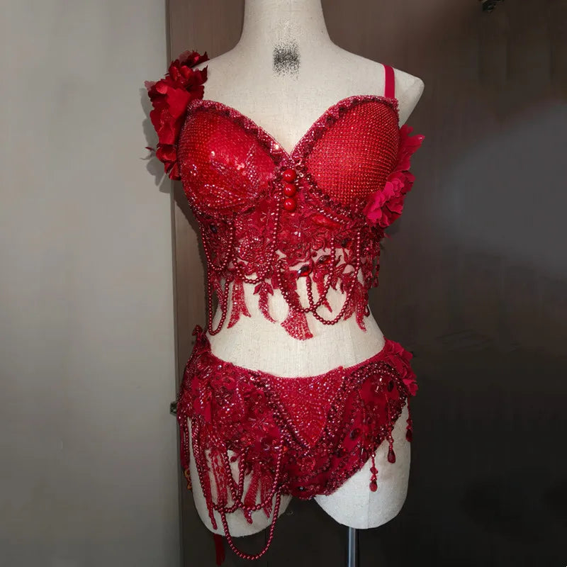Luxury Red Rhinestones Beads Bikini Set Sexy Nightclub Party Carnival Rave Outfit Model Catwalk Singer Stage Performance Costume