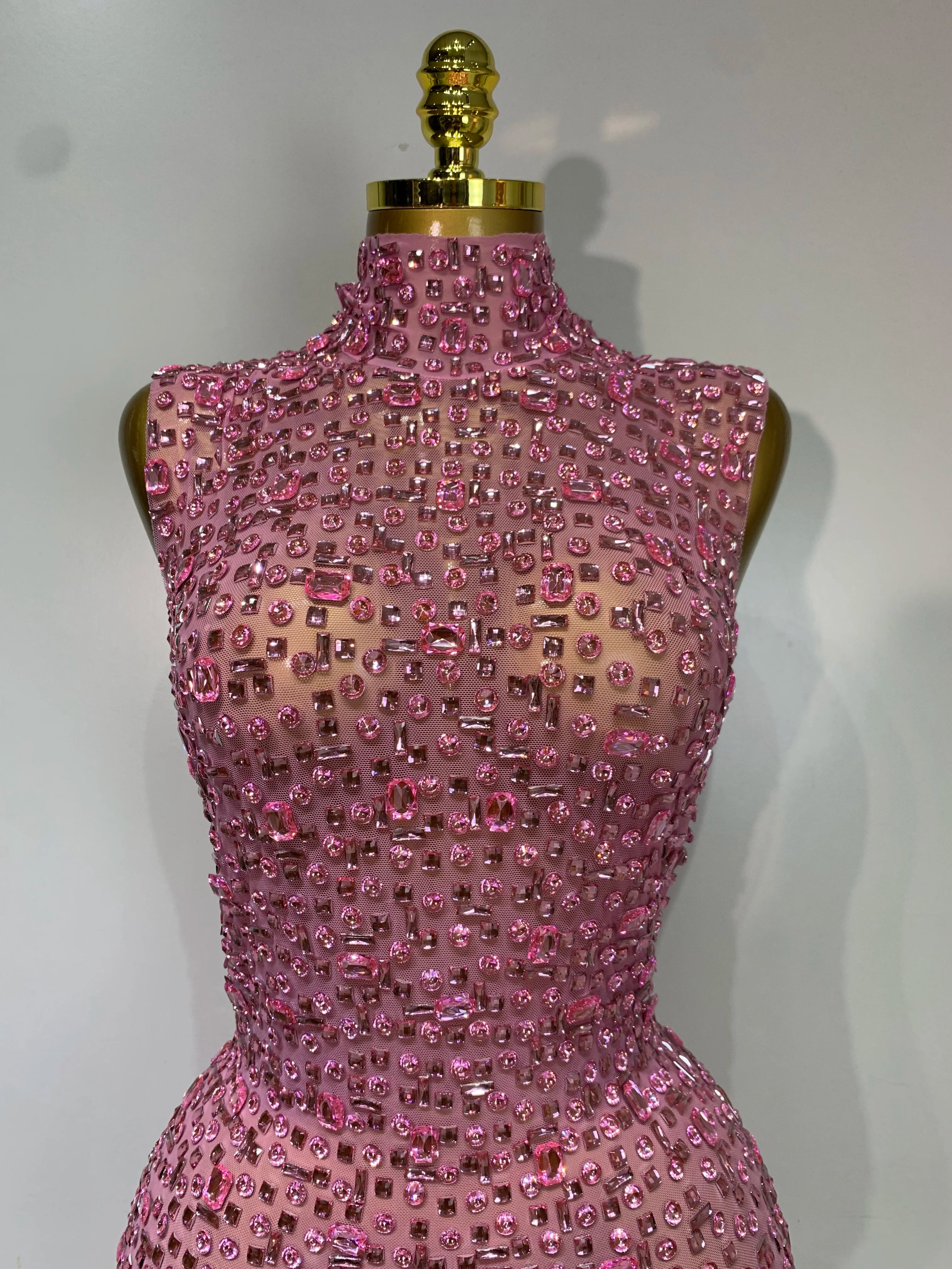 Sparkly Rhinestone Sleeveless Maxi Long Dress See-Through Sheer Mesh Stage Outfit
