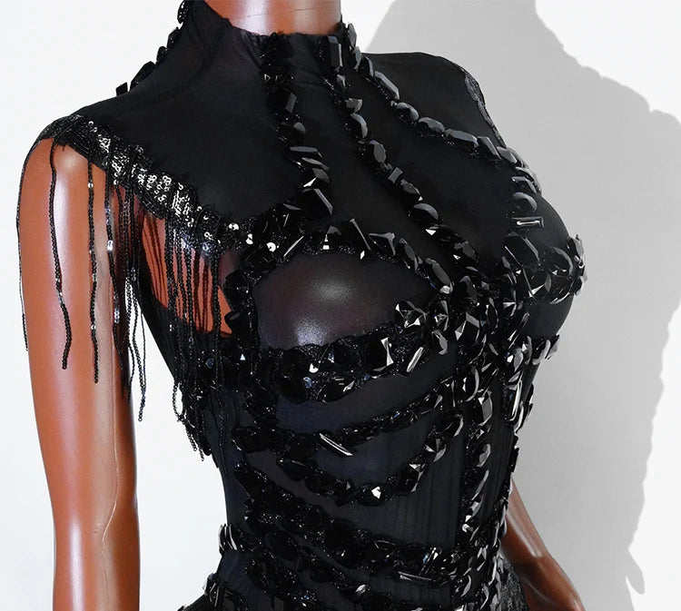 The Stardust Midnight Cabaret Bodysuit – Luxury Rhinestone & Mesh Showgirl Costume