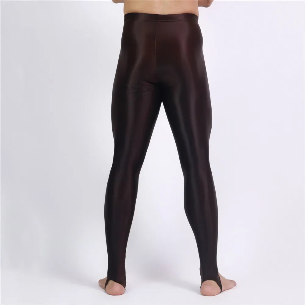 Men's Slim Tights Pencil Pants Stain Smooth  Oil Glossy Shiny Elastic Yoga Leggings Sheer See Through Full Pants Plus Size