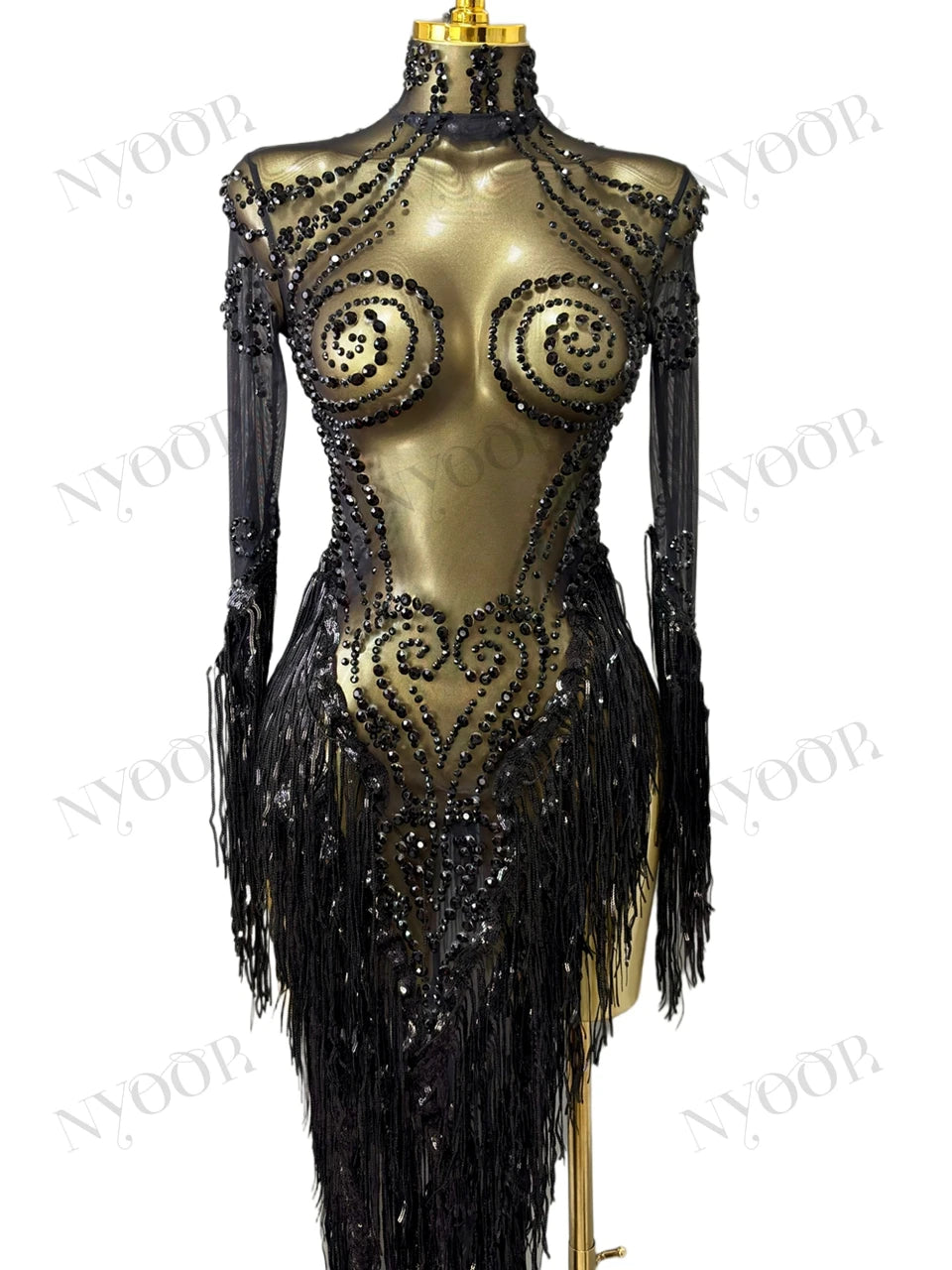 Black Rhinestone Fringe Illusion Mini Dress Sparkly Stage Dance Costume
