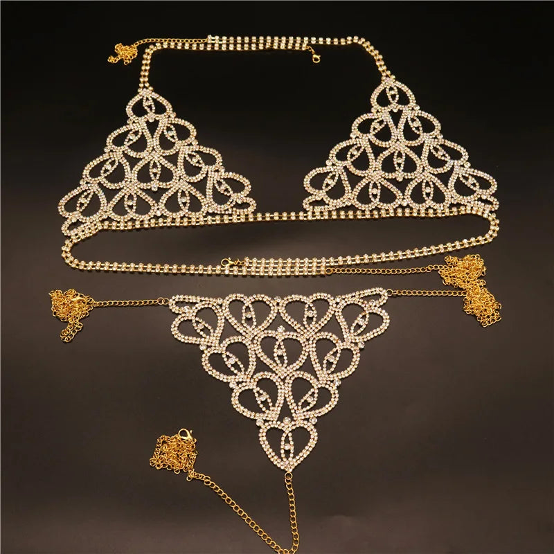 Heart Rhinestone Bra & Brief Body Jewelry