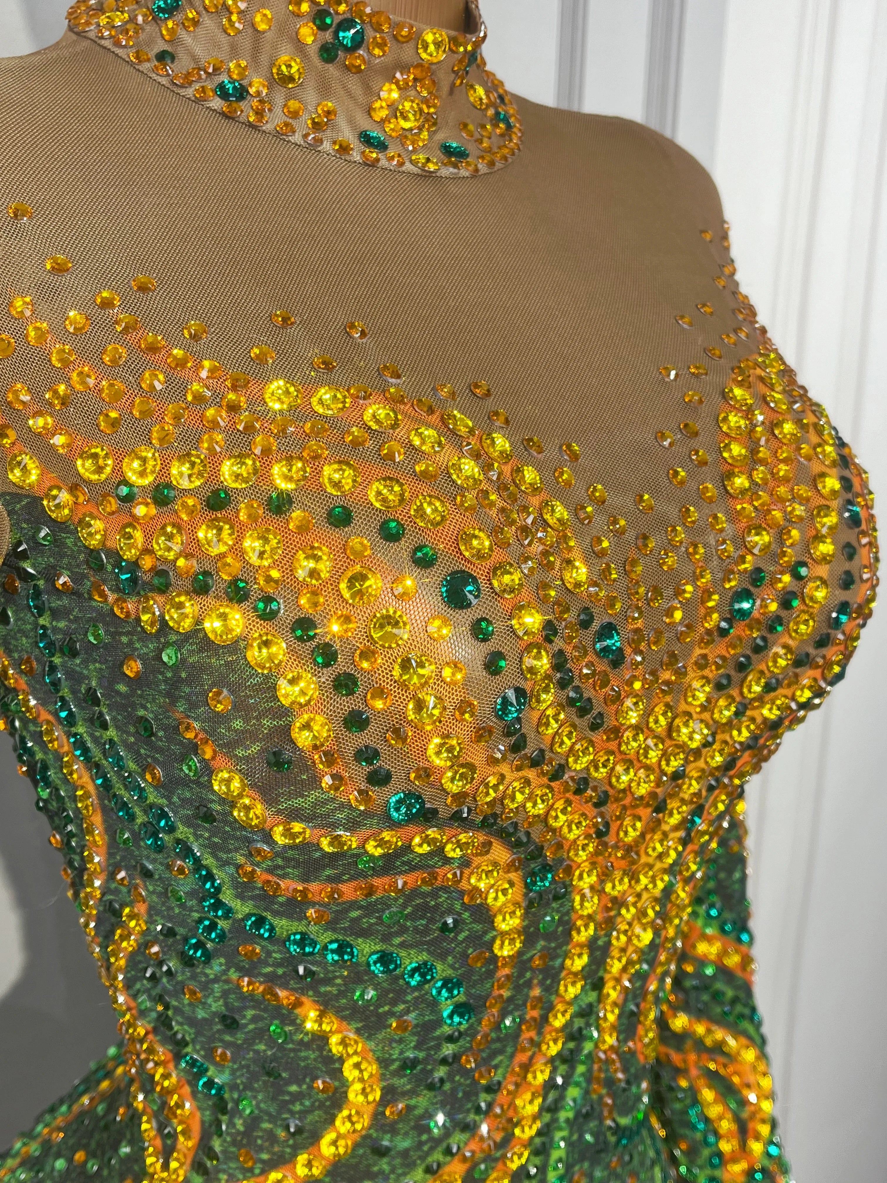 Gold & Emerald Swirl Rhinestone Illusion Maxi Gown Long Sleeve Floor-Length Evening Dress