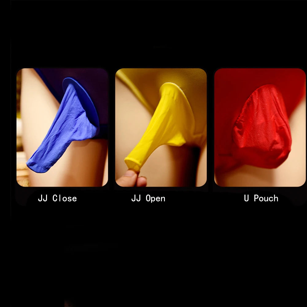Sexy Men Sheer See Through Open Close Sleeve COCKring Stockings Sexy Tight Stockings Oil Glossy Shiny Pantyhose Maid Wear