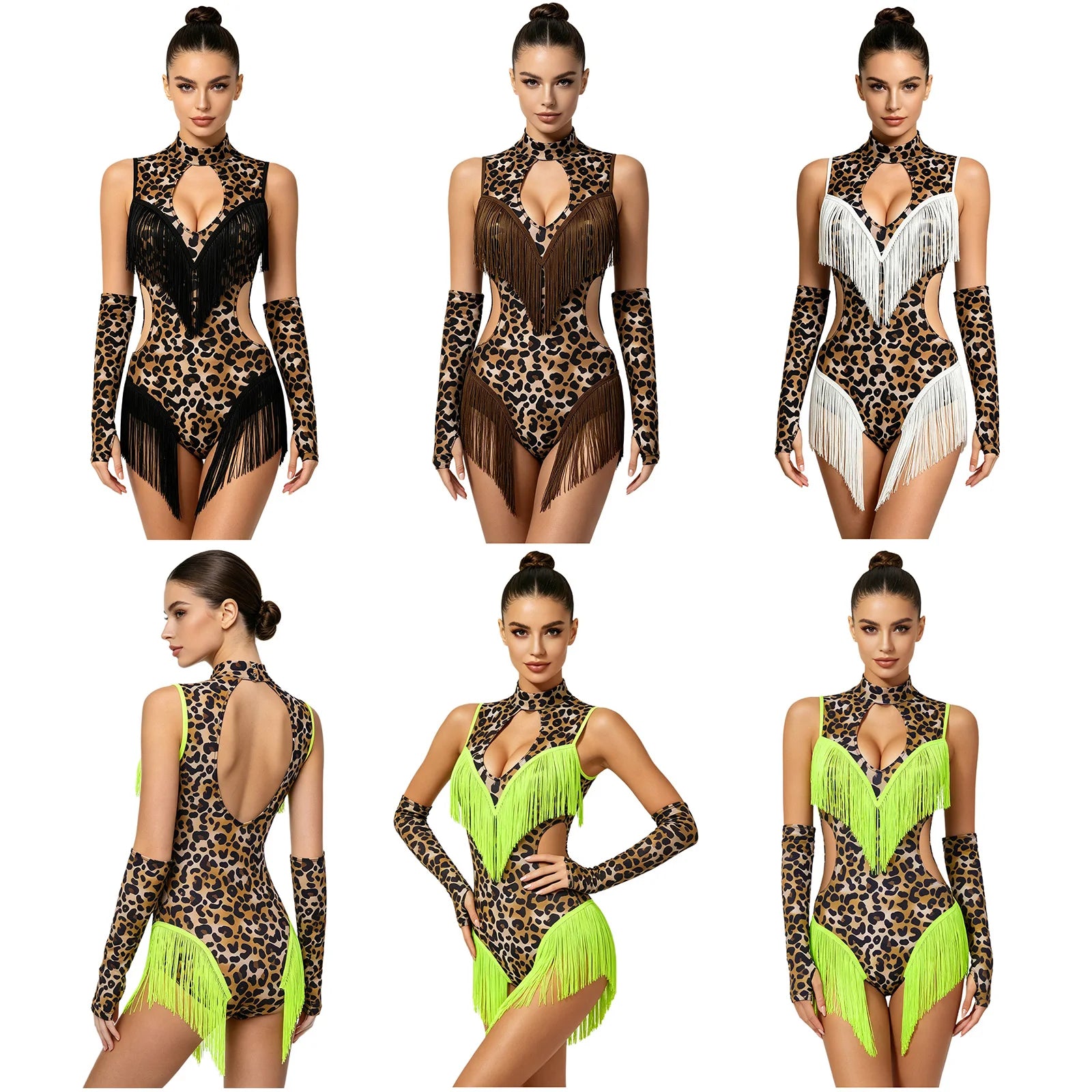 Leopard Cutout Bodysuit & Fringe Sleeves 2-Piece Latin Ballroom Stage Costume Set