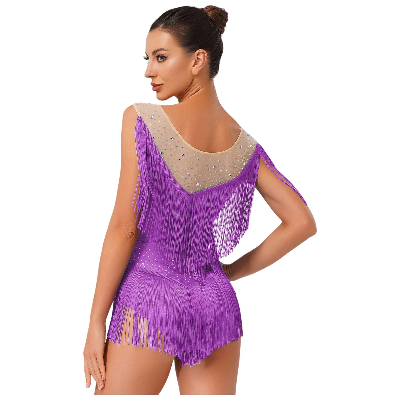 Sparkly Rhinestone & Tassel Fringe Latin Dance Leotard Crew Neck Bodysuit