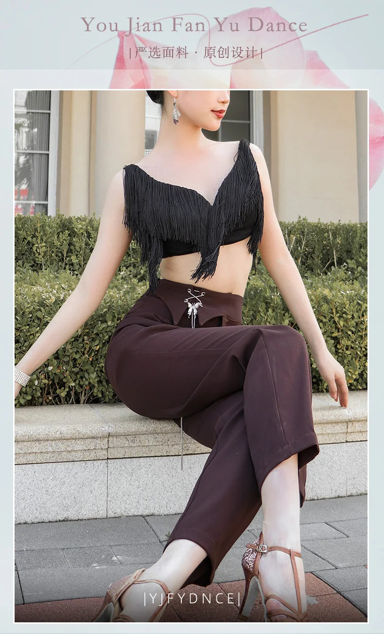 Black Latin Dance Fringe Camisole Top & High-Motion Practice Pants Set