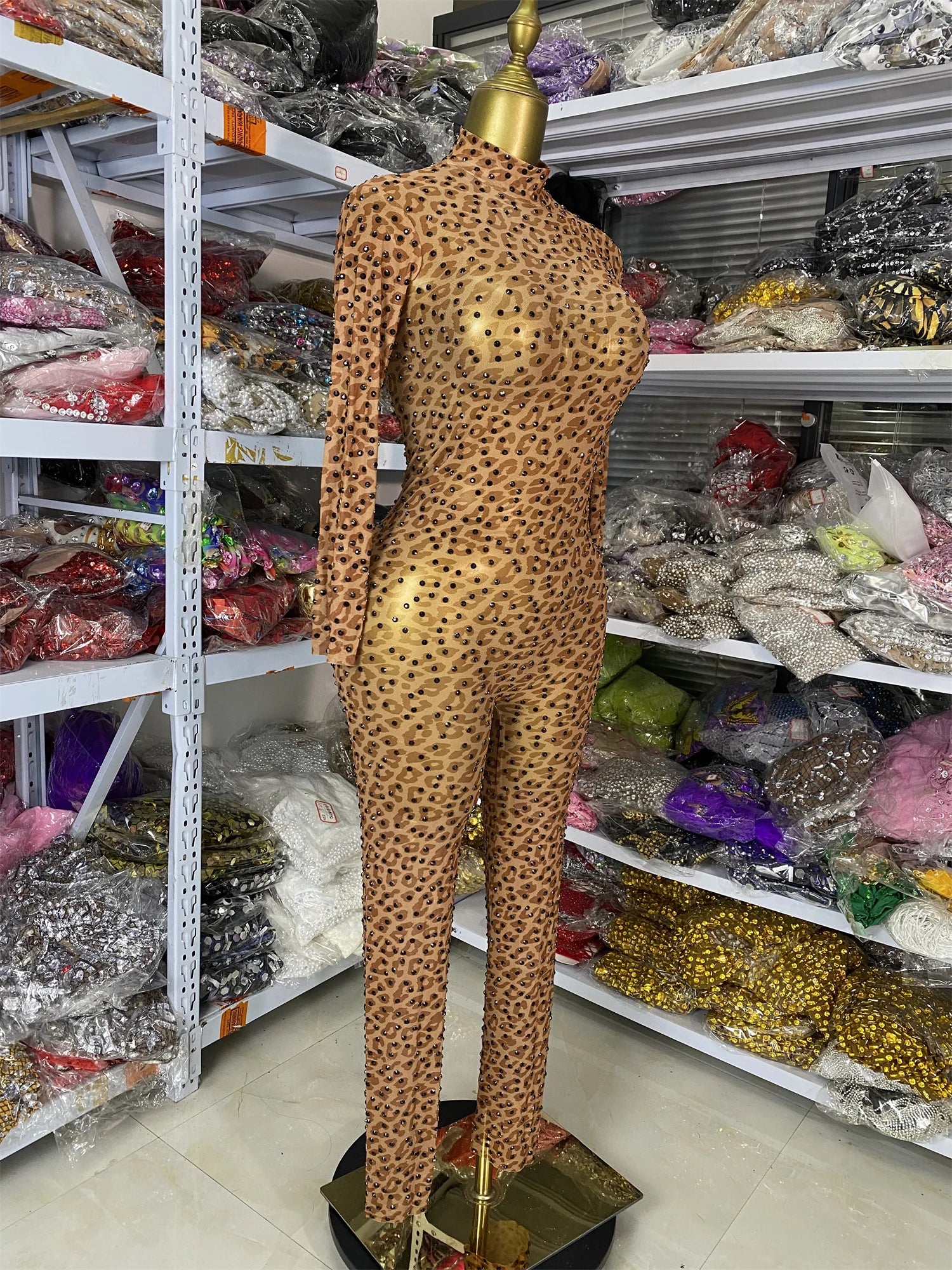 Leopard Print Rhinestone Catsuit Long Sleeve Stage Performance Jumpsuit