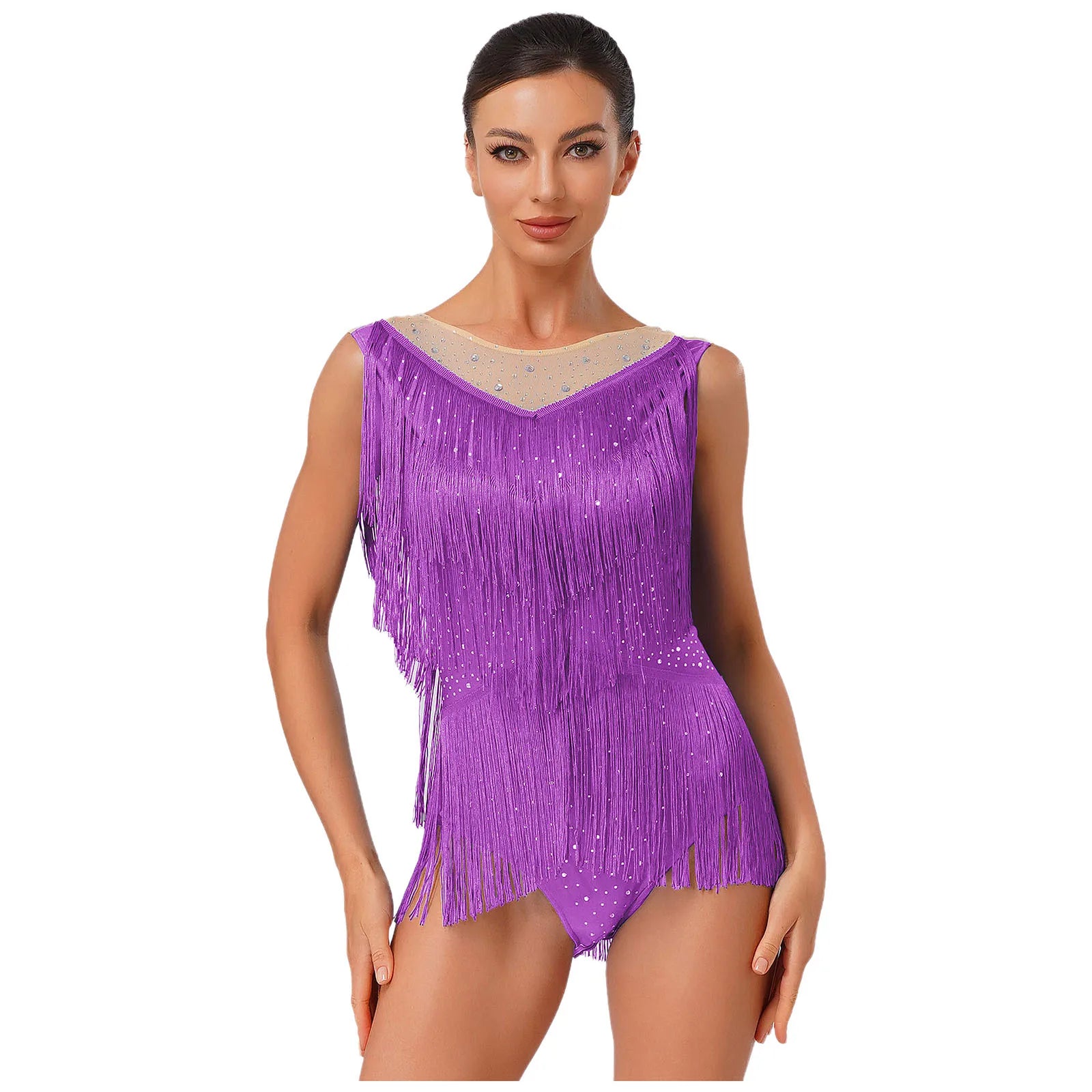 Sparkly Rhinestone & Tassel Fringe Latin Dance Leotard Crew Neck Bodysuit