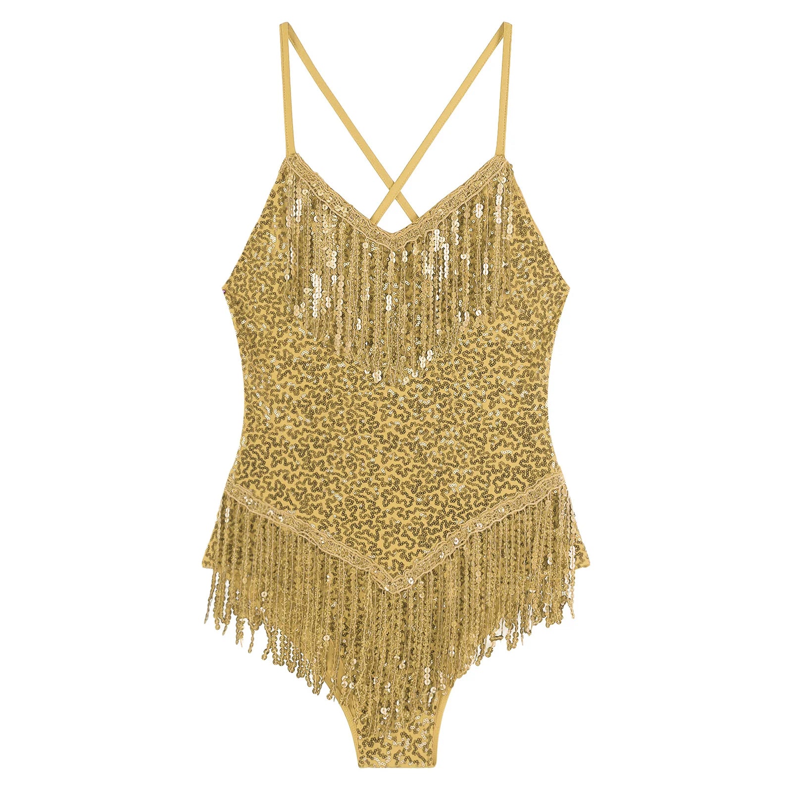 Sequins Fringed Cross Back Latin Dance Leotard Sleeveless V-Neck Bodysuit