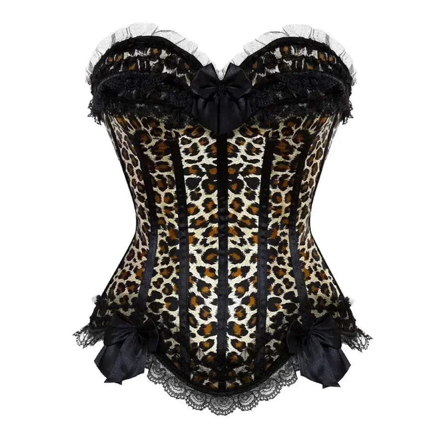 Leopard Satin Overbust Corset Lace Bowknot Clubwear Showgirl Body Shaper